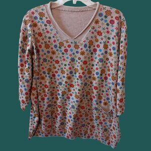 Buykud Vtg Floral Knit V-Neck Sweater Beige 3/4 Sleeve Top With Pocket Medium XX